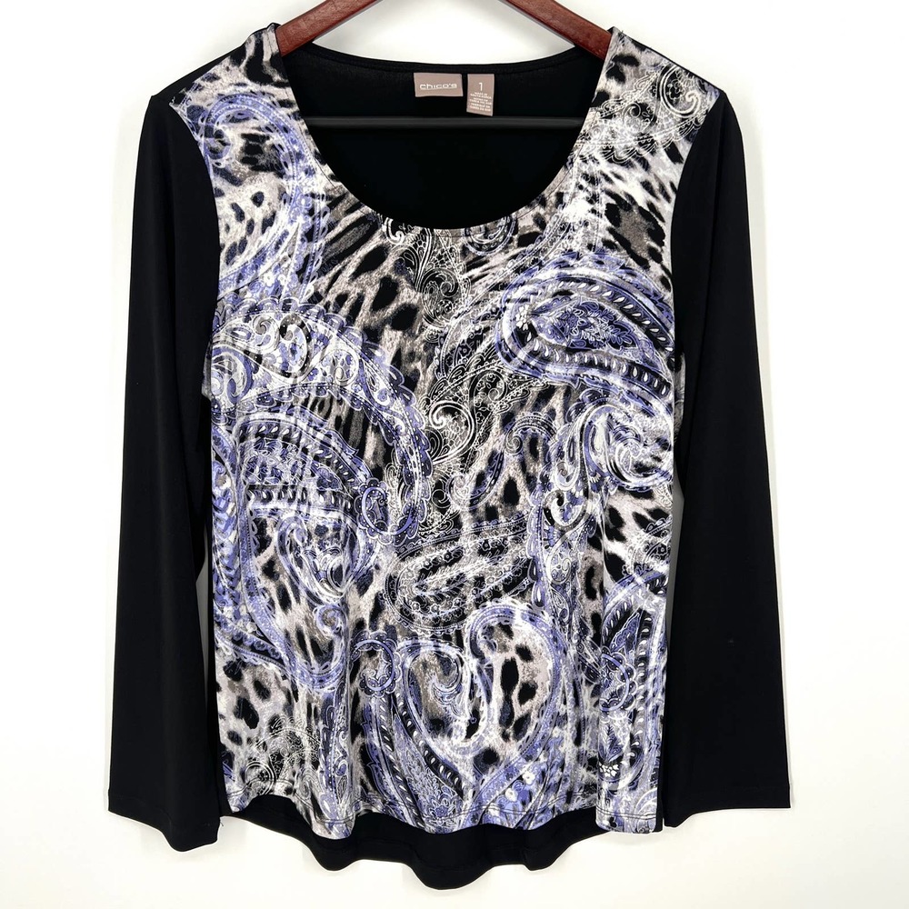 Chico’s Size 1 or M Medium Black Leopard Blouse Shirt Top Casual Work